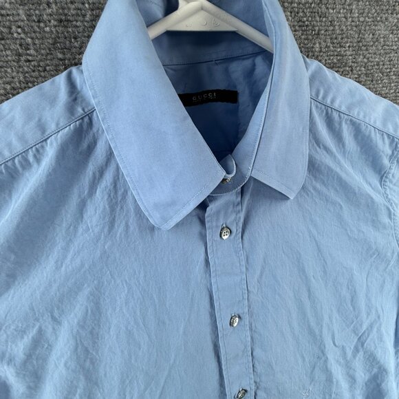 Gucci Italy Made Button Up Shirt Blue 40 (15.75) Long Sleeve Cotton Cursive Logo - Picture 2 of 16